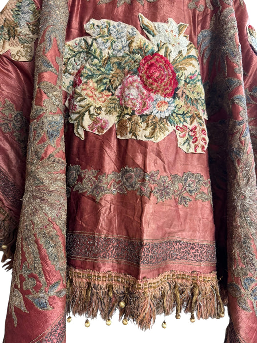 Paulina, 19thC silk embroidered fringed cape with needlepoint florals