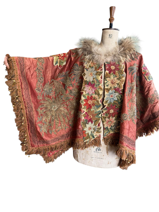Paulina, 19thC silk embroidered fringed cape with needlepoint florals