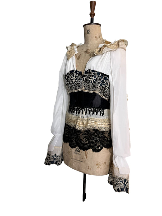 Pluto, reworked corseted lace and beaded poet blouse
