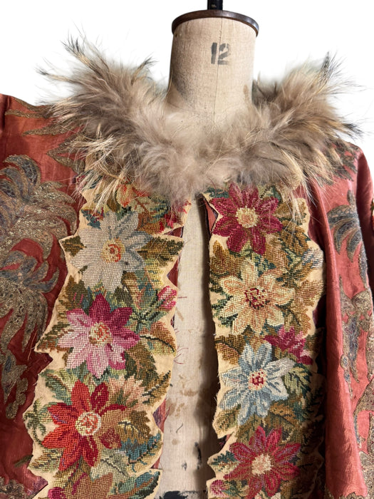Paulina, 19thC silk embroidered fringed cape with needlepoint florals