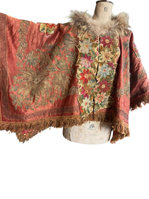 Paulina, 19thC silk embroidered fringed cape with needlepoint florals