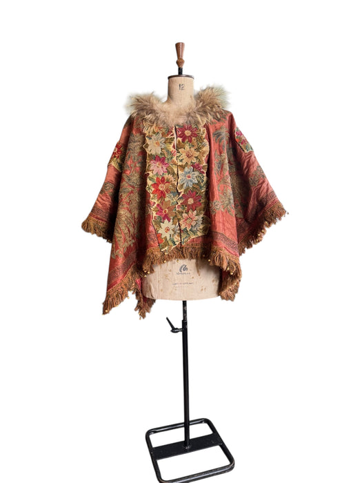 Paulina, 19thC silk embroidered fringed cape with needlepoint florals