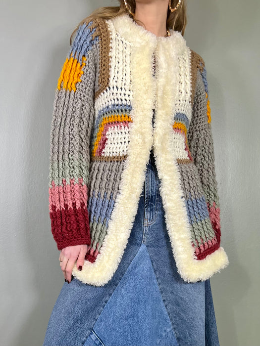 Pilar, 70s rainbow cardigan