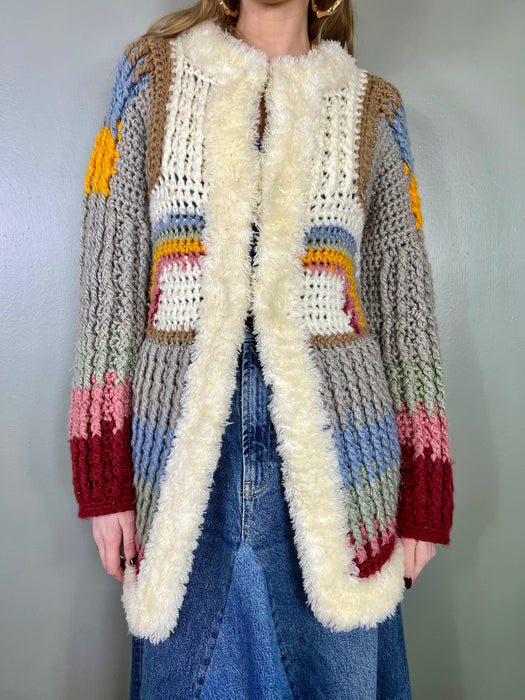 Pilar, 70s rainbow cardigan