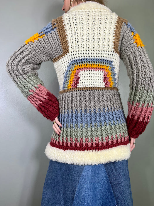 Pilar, 70s rainbow cardigan