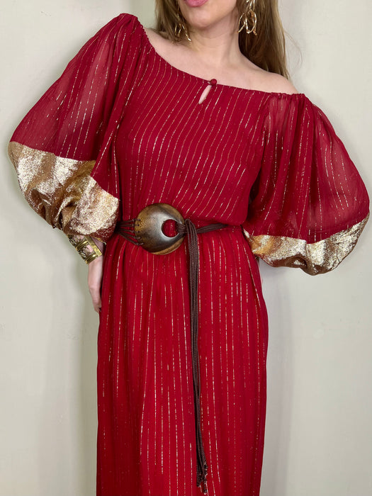 Mina, vintage red and gold silk dress