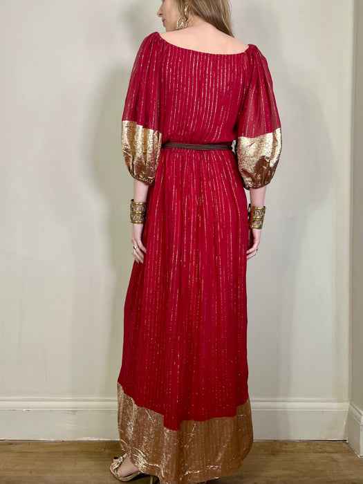 Mina, vintage red and gold silk dress