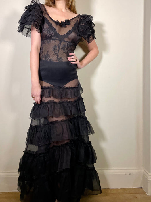 Hana, 30s black organza tiered dress