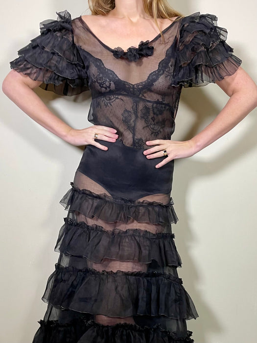 Hana, 30s black organza tiered dress