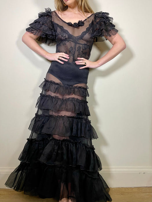 Hana, 30s black organza tiered dress