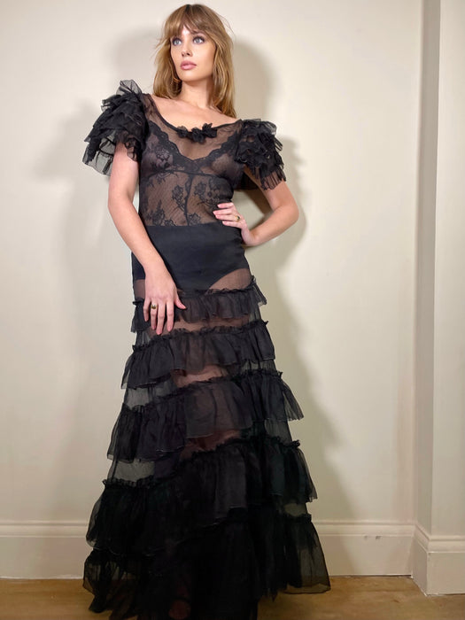 Hana, 30s black organza tiered dress