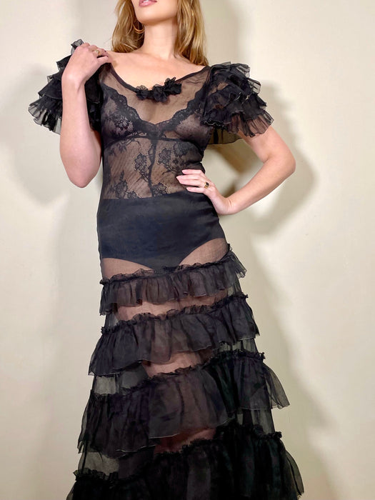 Hana, 30s black organza tiered dress