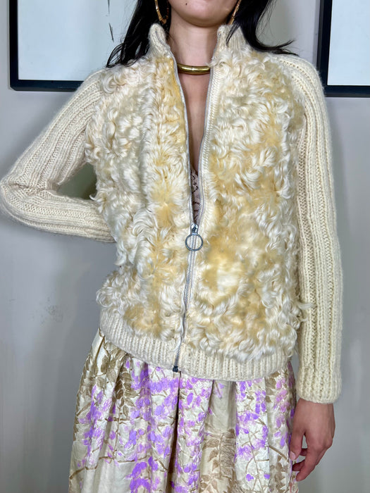 Anca, 70s cream knit and shearling cardigan