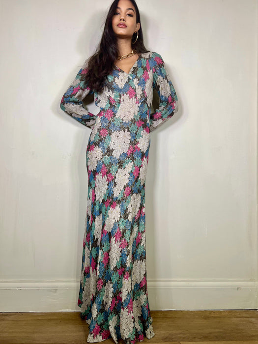 Rika, floral lamé 30s long dress