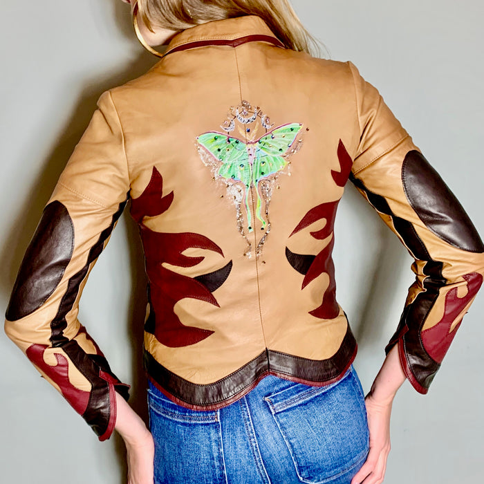 Bless the Holi, tan flame biker jacket