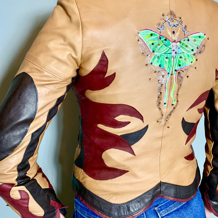 Bless the Holi, tan flame biker jacket