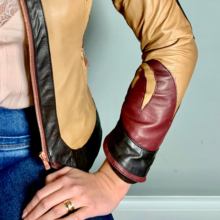 Bless the Holi, tan flame biker jacket