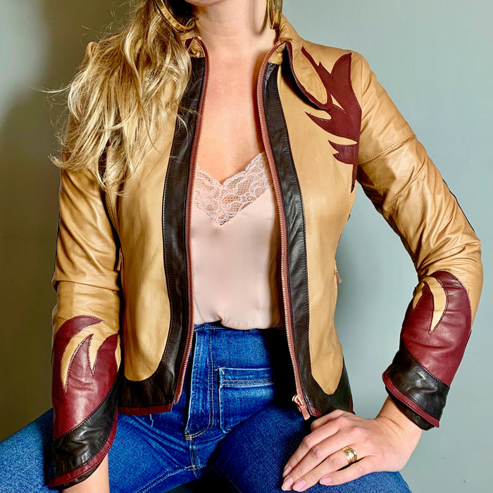 Bless the Holi, tan flame biker jacket