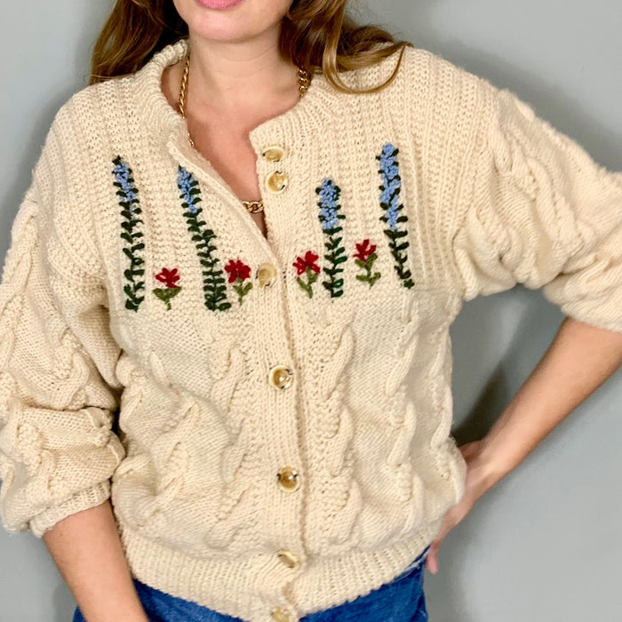 Anika, vintage embroidered cable knit cardigan