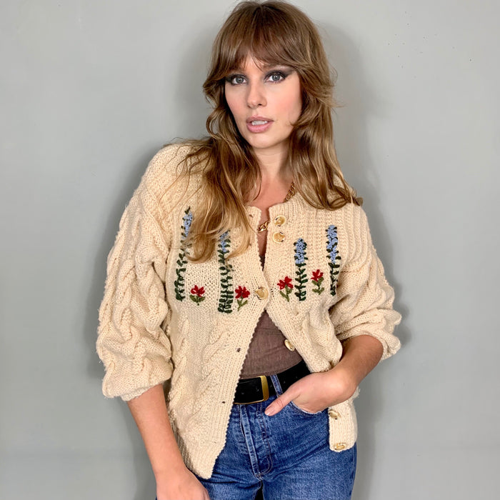 Anika, vintage embroidered cable knit cardigan