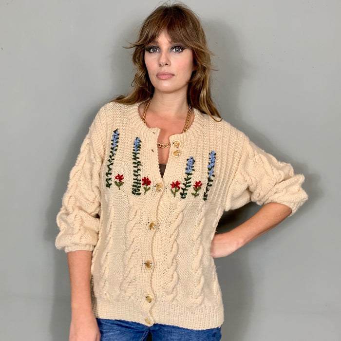 Anika, vintage embroidered cable knit cardigan