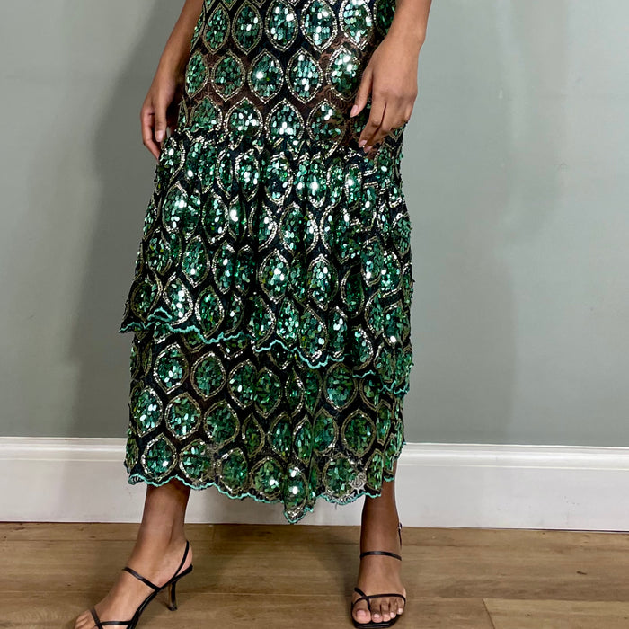 Martha, green and silver sequins tiered dress