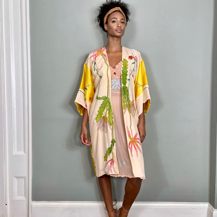 Zoe, floral yellow embroidered kimono