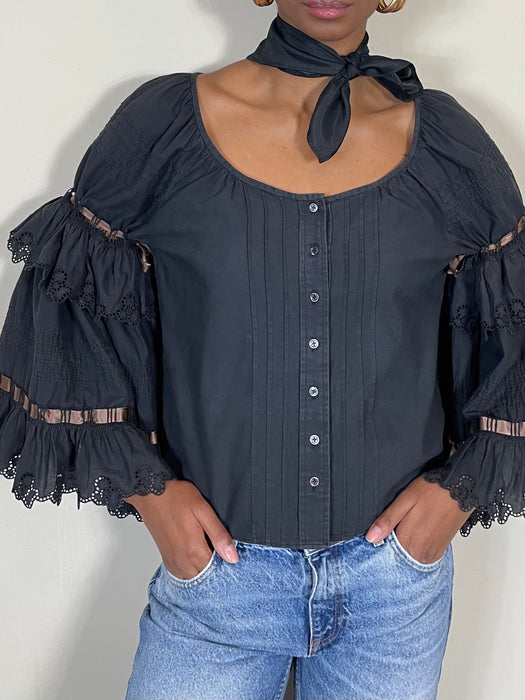 Caroline, black cotton top with flair sleeves