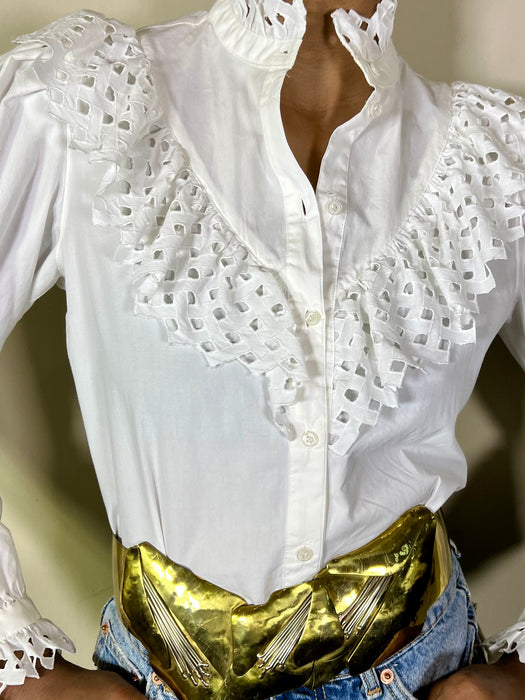 Jax, white vintage fitted shirt with broderie anglaise