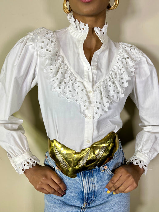 Jax, white vintage fitted shirt with broderie anglaise
