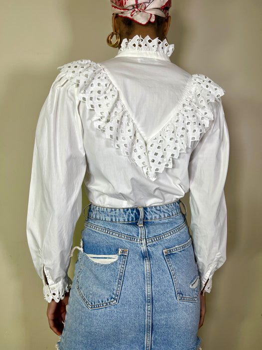 Jax, white vintage fitted shirt with broderie anglaise