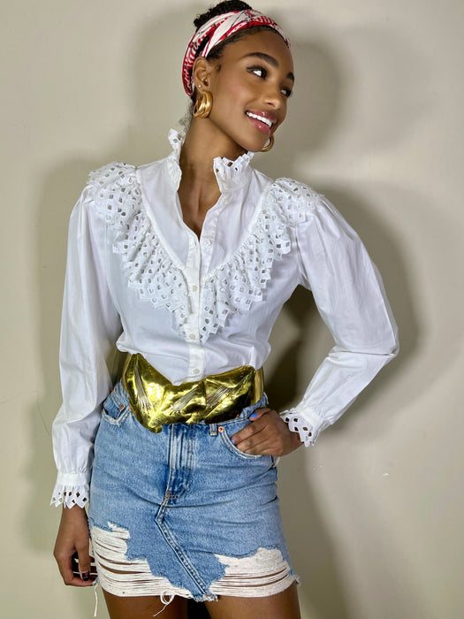 Jax, white vintage fitted shirt with broderie anglaise