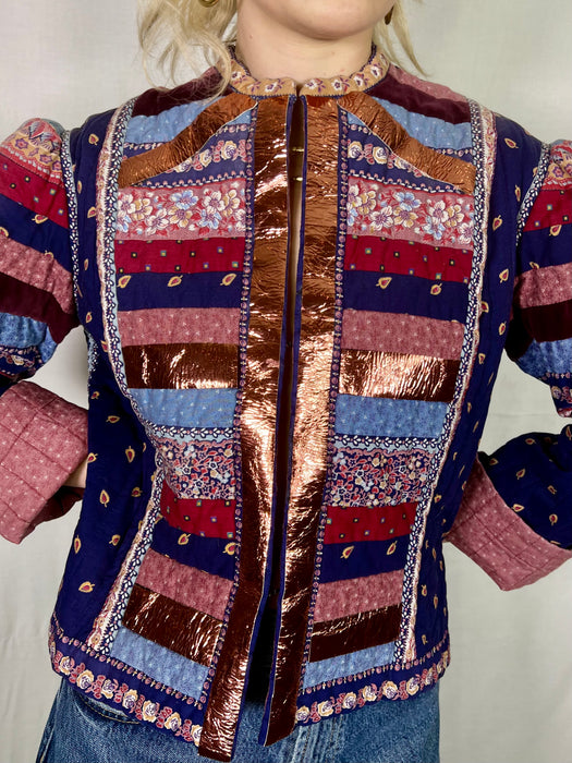 Sienna, patchwork 70s jacket with leather metallic butterfly