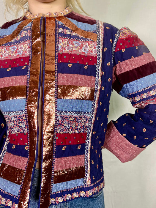 Sienna, patchwork 70s jacket with leather metallic butterfly