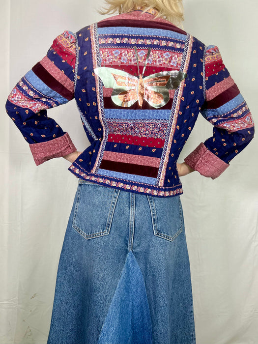 Sienna, patchwork 70s jacket with leather metallic butterfly