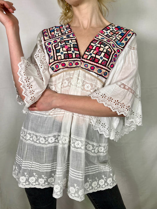 Toni, White Broderie Anglaise top with Indian design