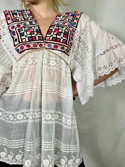 Toni, White Broderie Anglaise top with Indian design