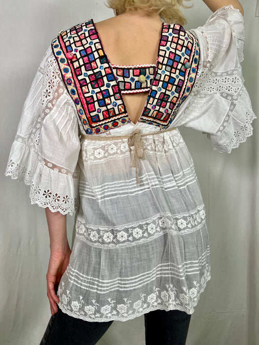 Toni, White Broderie Anglaise top with Indian design