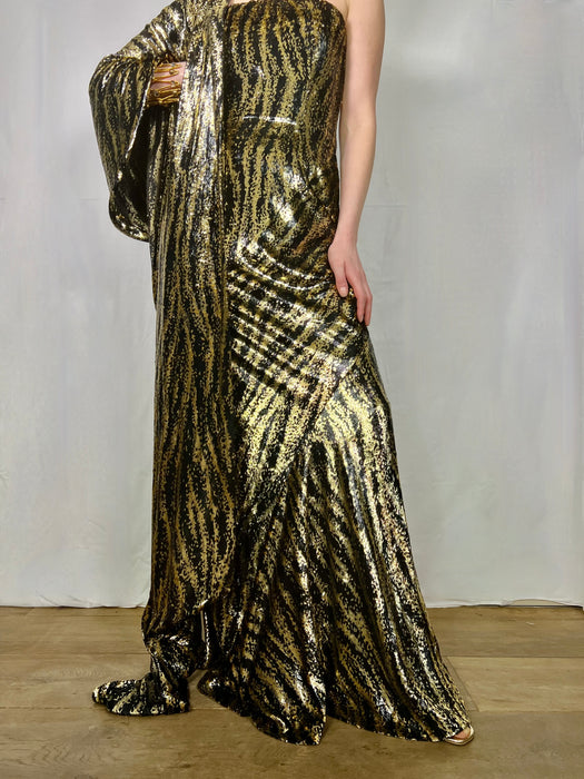 Aurora, gold and black devoré bustier gown