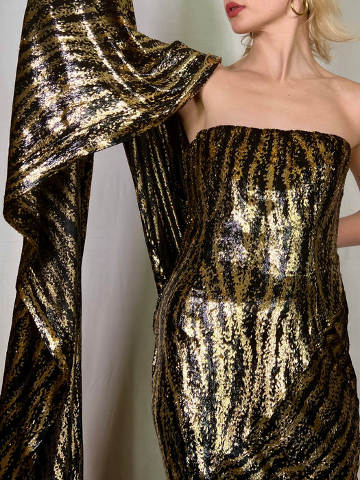 Aurora, gold and black devoré bustier gown